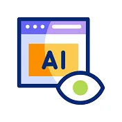 Icon with AI on a screen and an eye symbol, representing real-time analytics and insights