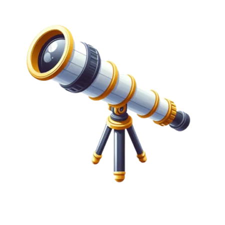 3D telescope pointing toward the future, symbolizing vision, strategy, and long-term planning