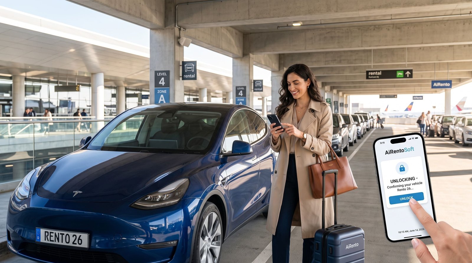 A traveler unlocking her rental car through a mobile app at the airport, showing a real-time contactless pickup experience.