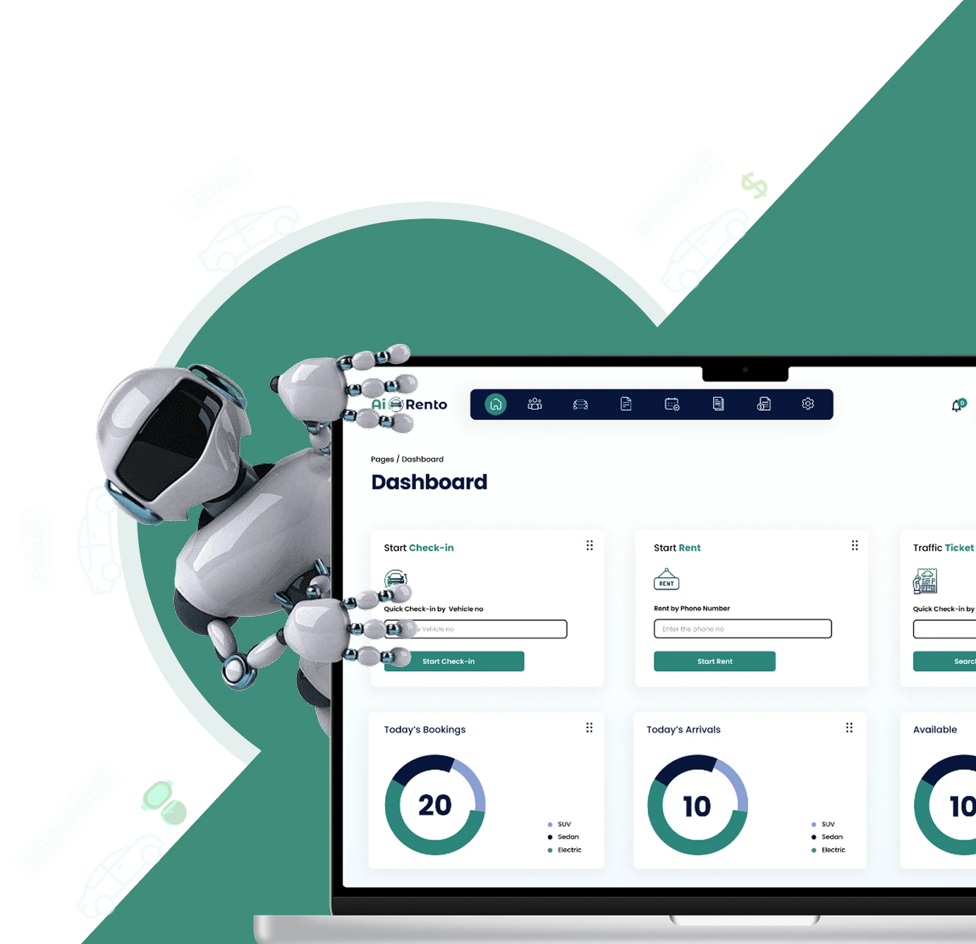 AiRentoSoft dashboard showing customer profile and analytics, with AI robot pointing at screen